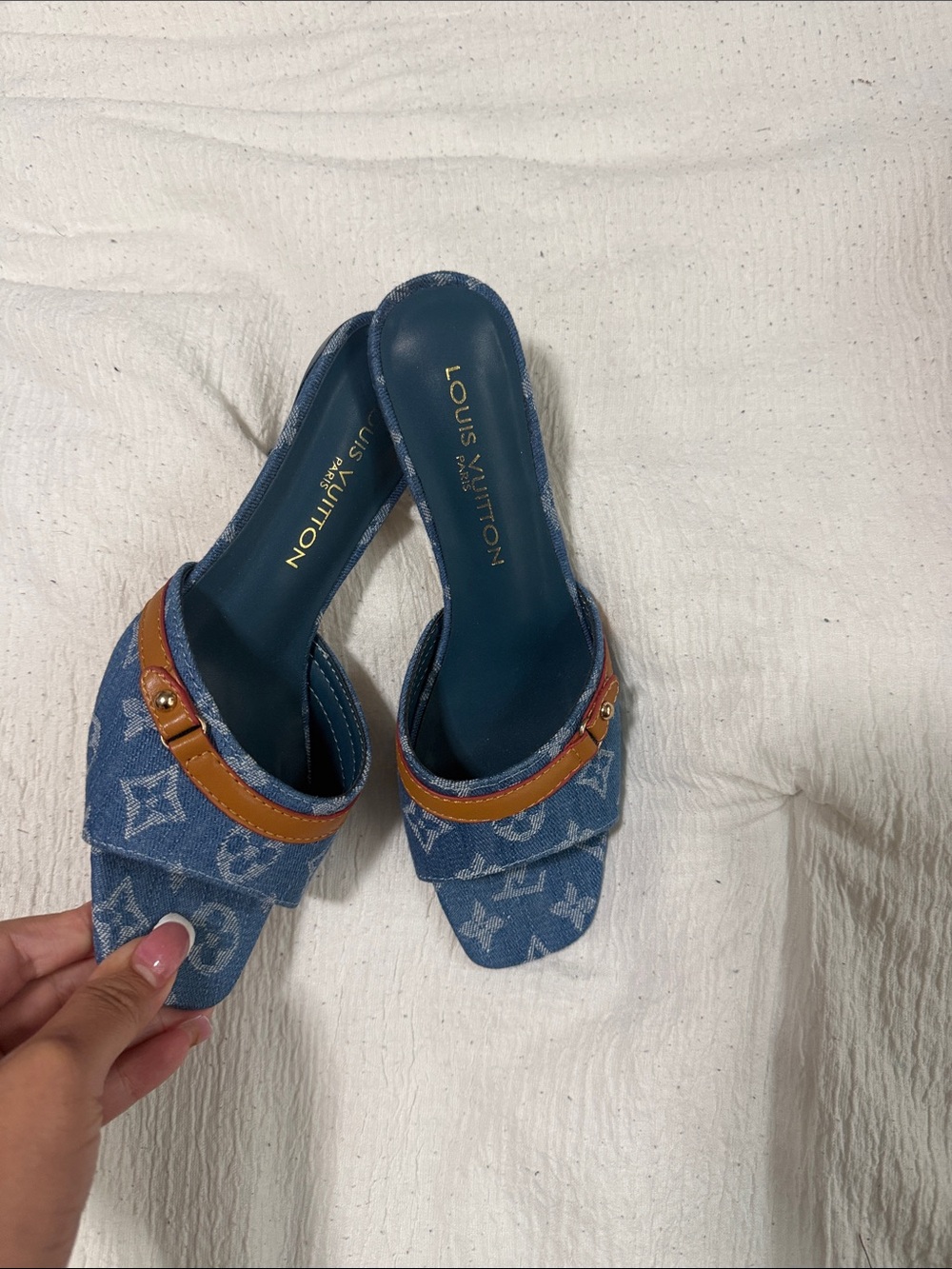 Blue Monogram Denim kitten heels  with Tan Trim